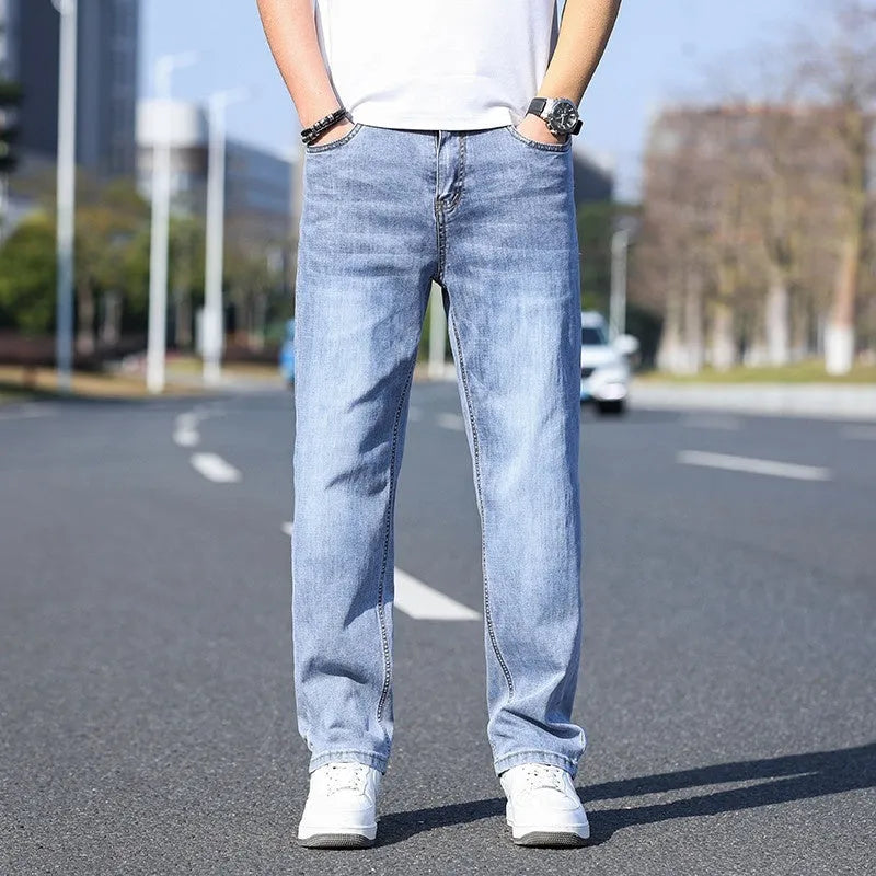 Thin stretch cotton denim tapered trousers in business casual style, available in four colours