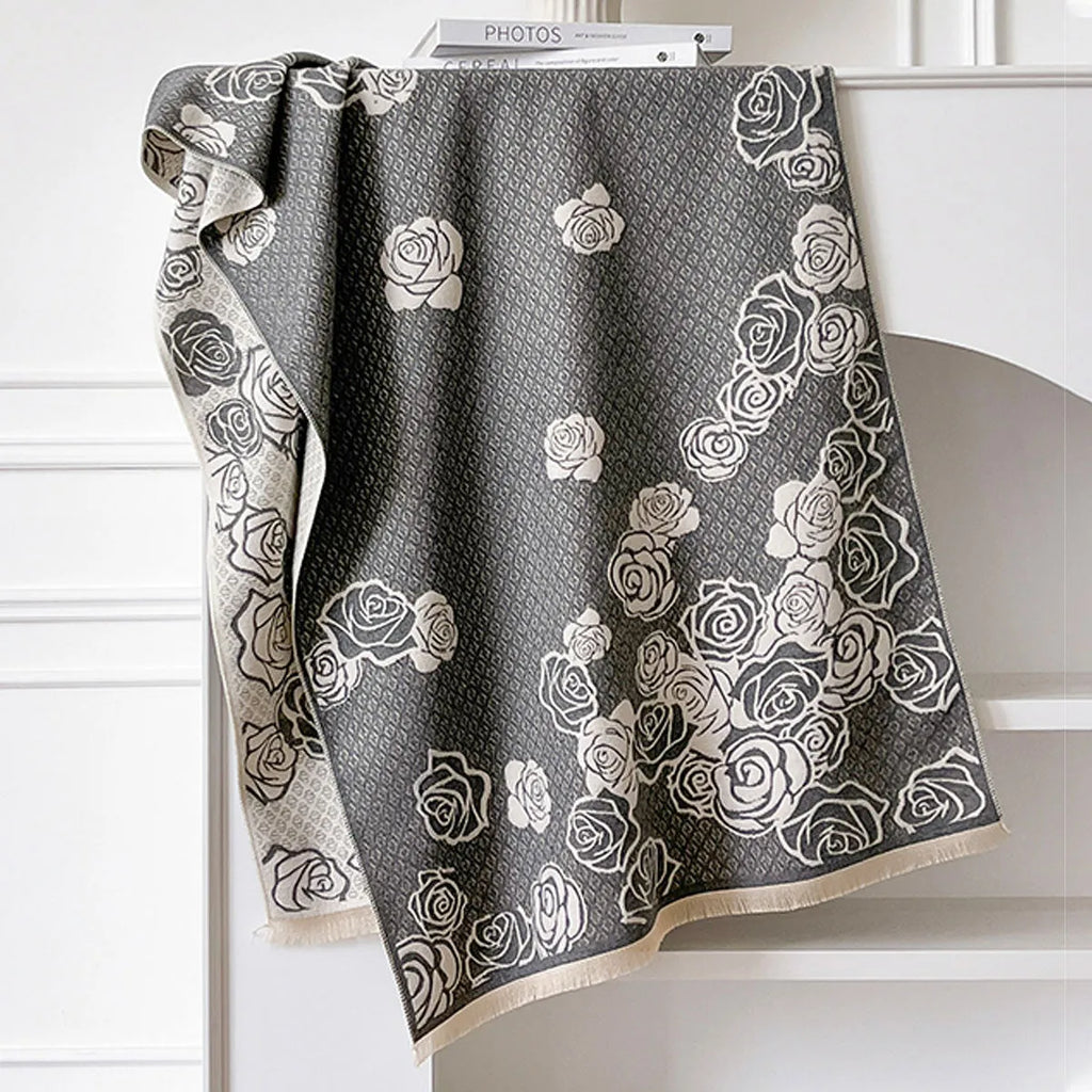 Thick imitation cashmere scarf with tassel trim, 185x65cm, in grey, black, blue, and khaki colours