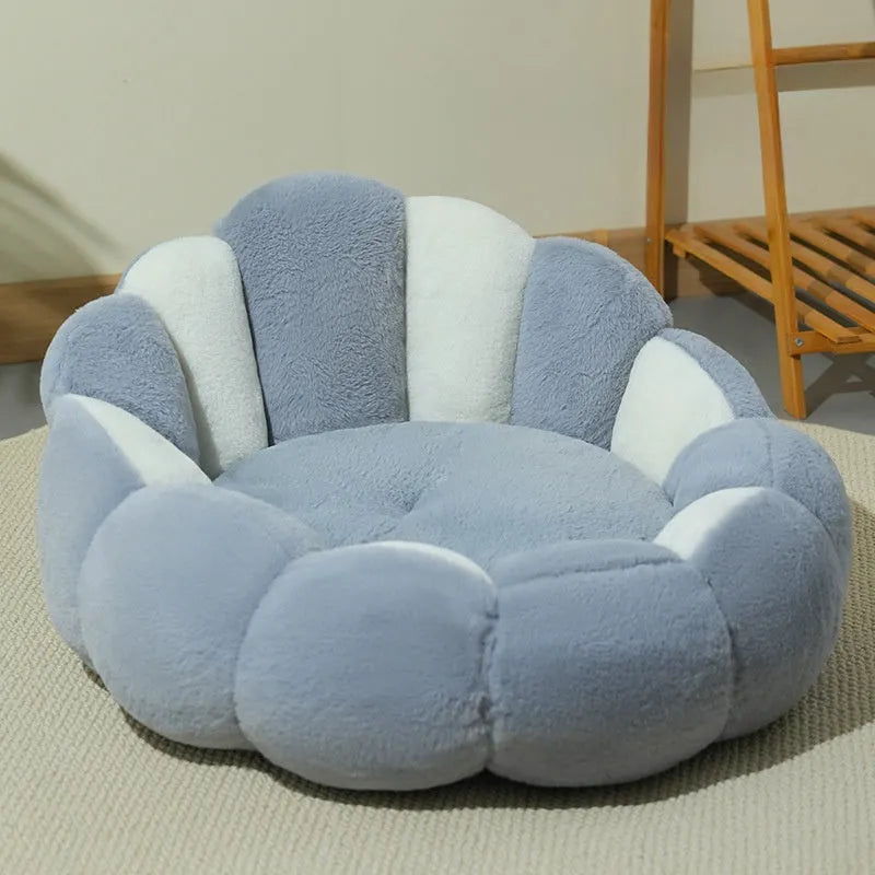 Grayish white cat kennel shell nest bed on floor with soft rabbit fur texture and PP cotton padding for small pets