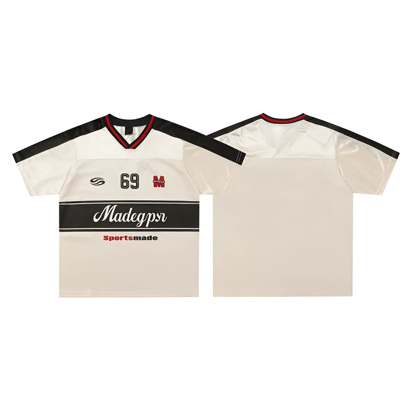 Apricot coloured V-neck sports jersey with letter patterns and drop-shoulder sleeves