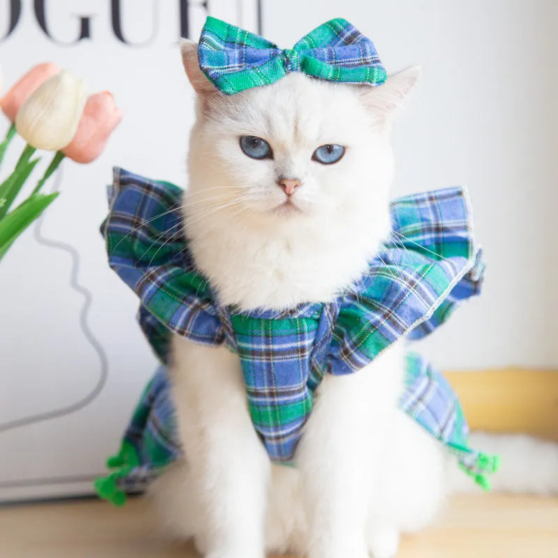 Red Christmas tartan skirt on a cat with matching bow tie and head flower, available in sizes XS to XL