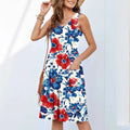 Women's sleeveless printed dress in polyester with short skirt length and floral pattern options