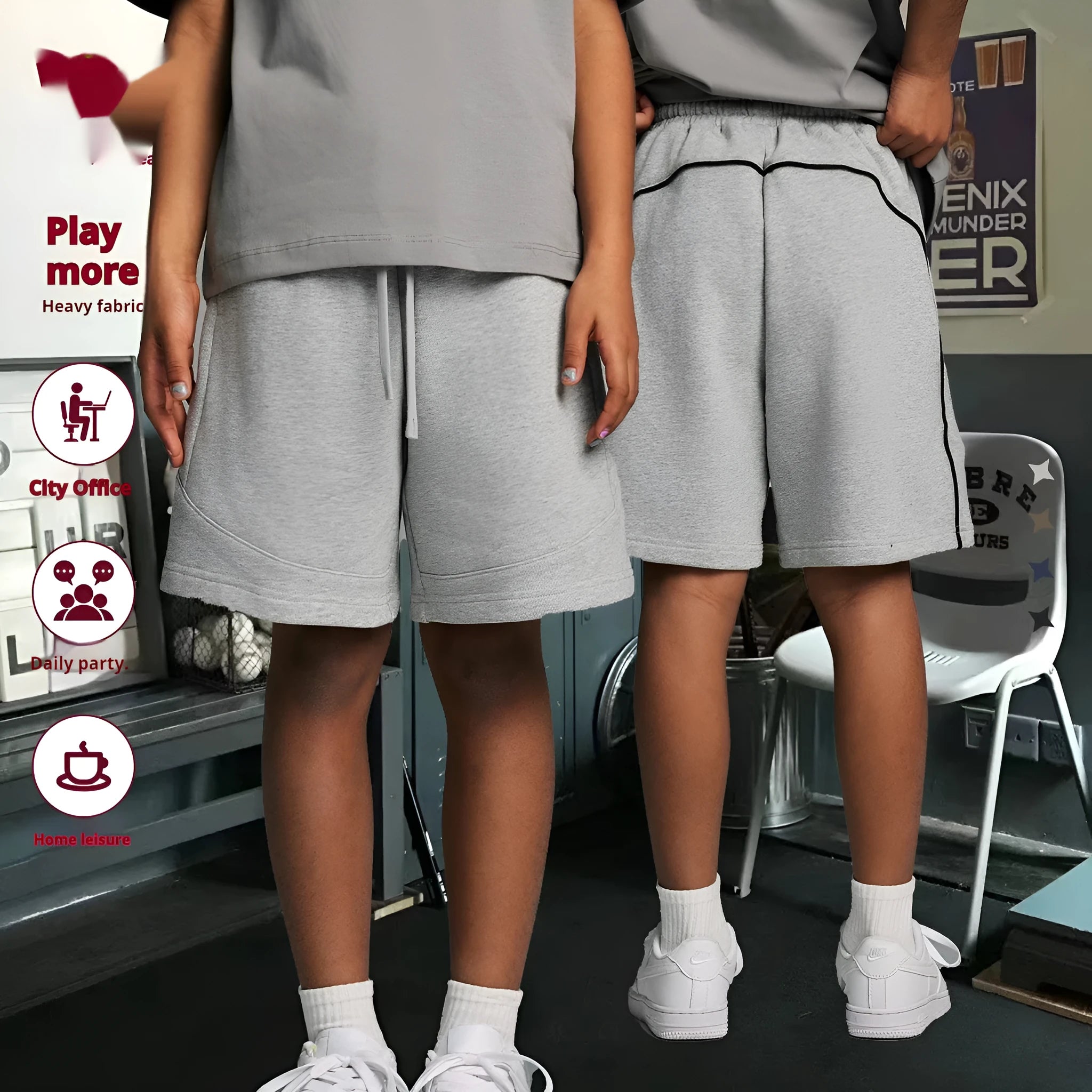 Solid colour loose cotton children's sports shorts in black, navy blue, mixed grey, and brown