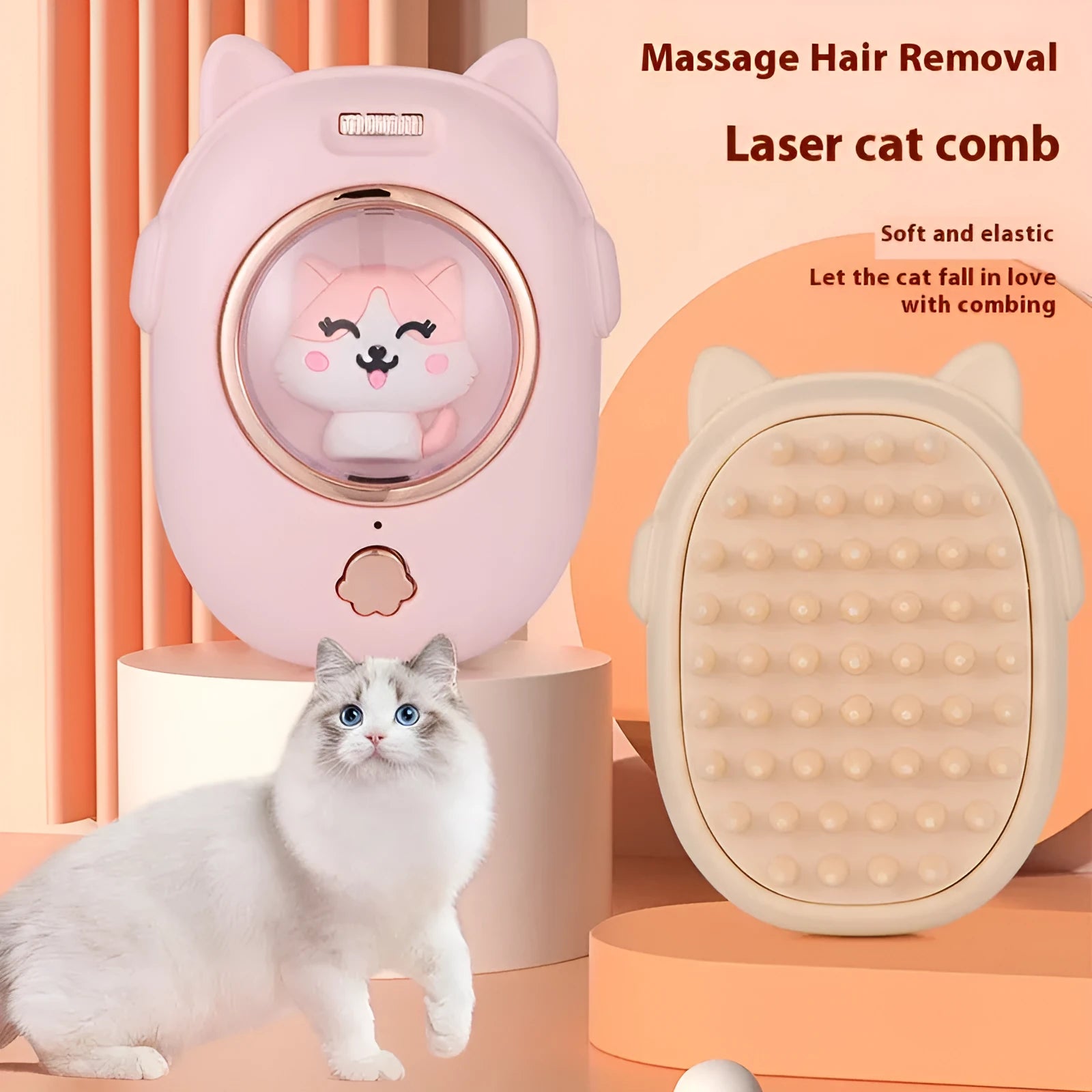 Multifunctional pet comb with laser toy for cats and dogs in pink and yellow ABS material