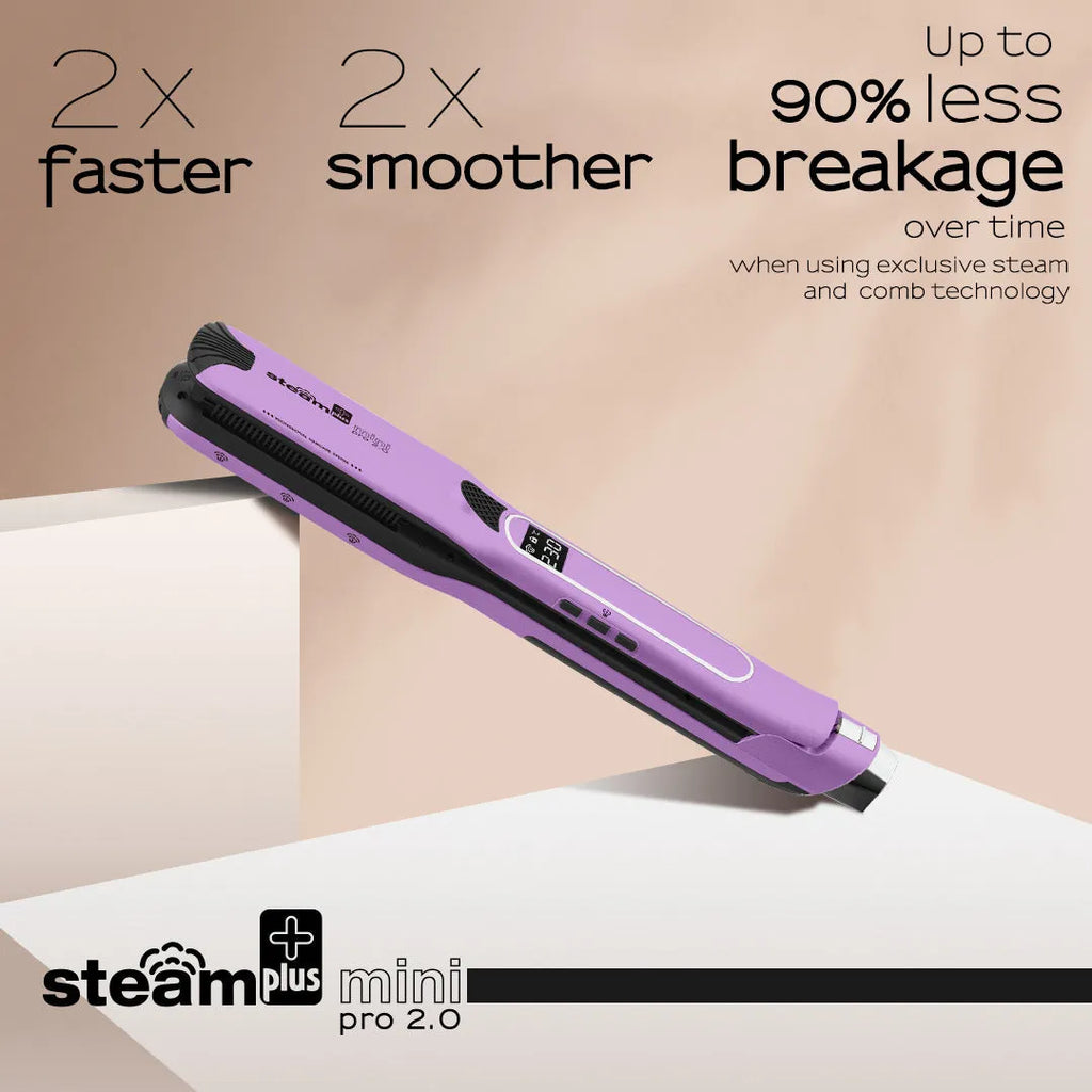 Mini steam spray hair straightener in purple, rose red and champagne colours showing heated plates and steam function