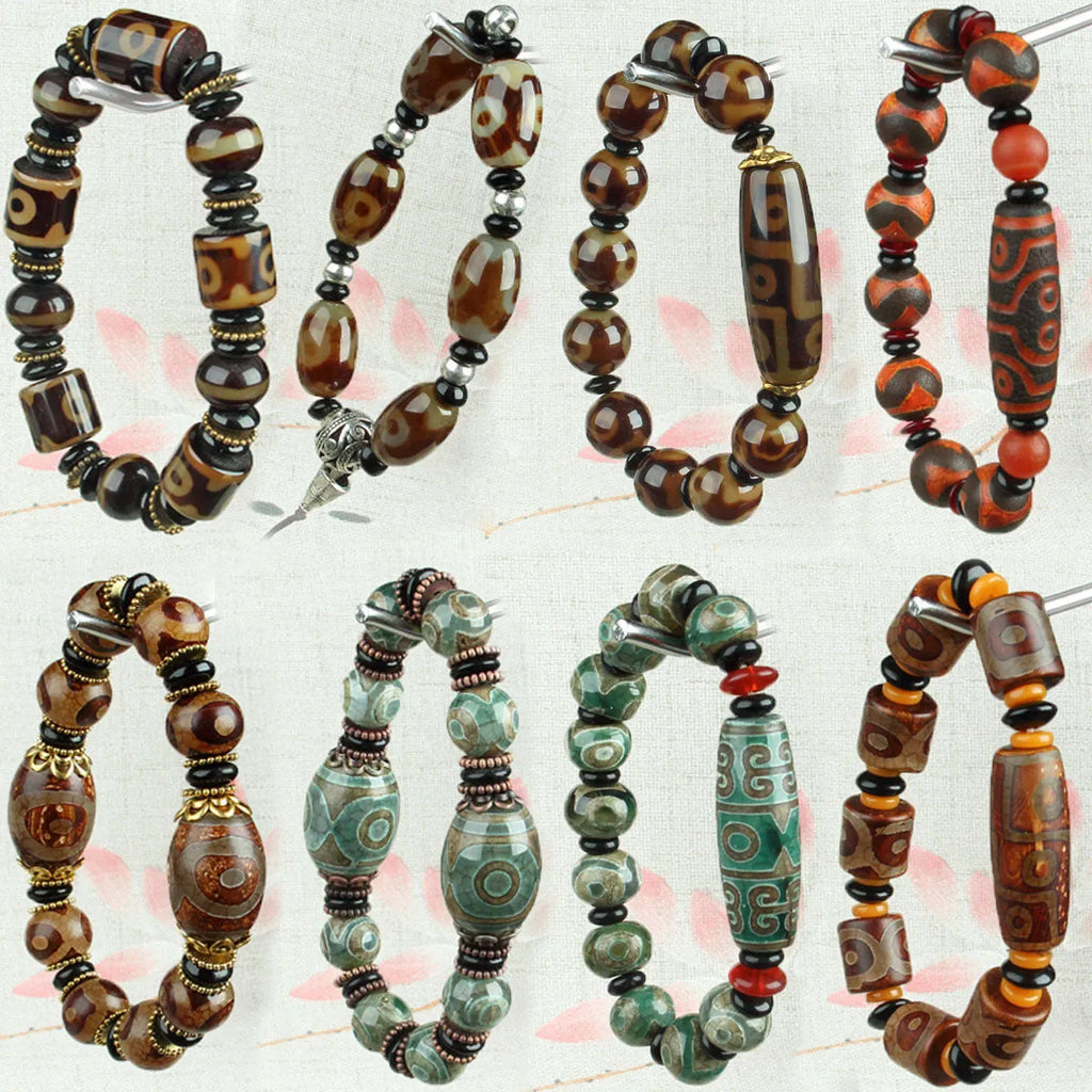Distressed agate three-eye Tibet beads bracelet polished natural stone bracelet with dzi bead motif