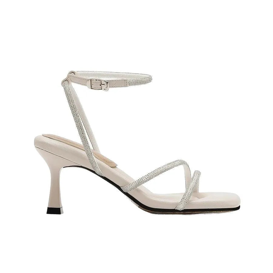 Women's rhinestone sandals with drooping detail, square toe, ankle-strap buckle, silver colour