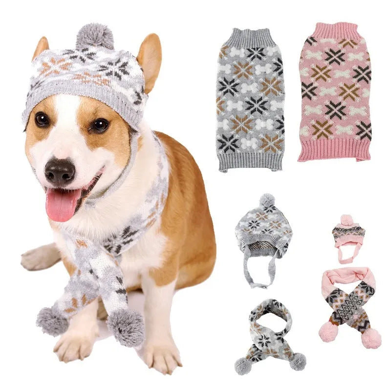 Japanese style retro jacquard acrylic knit pet clothes set with sweater, hat and scarf in gray for dogs and cats