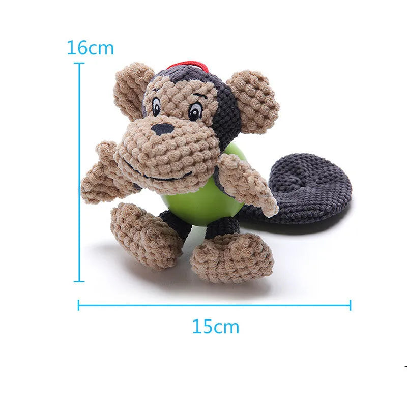 Cute monkey plush squeaky dog toy with soft fabric and four legs on white background
