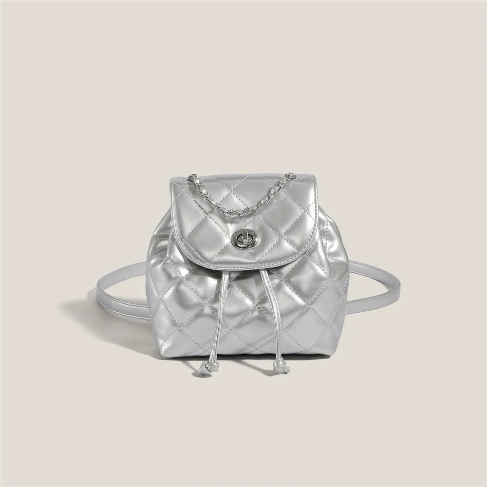 Women's special-interest backpack with rhombus plaid pattern, PU texture, in silver colour