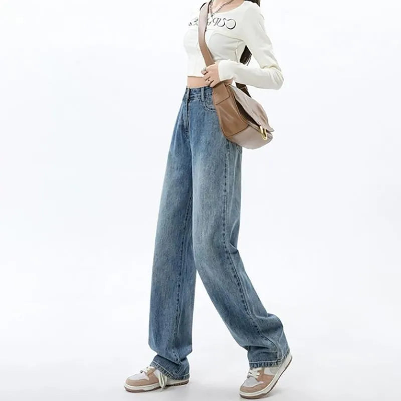 Women's retro blue high waist wide leg jeans with straight cut and spandex denim fabric