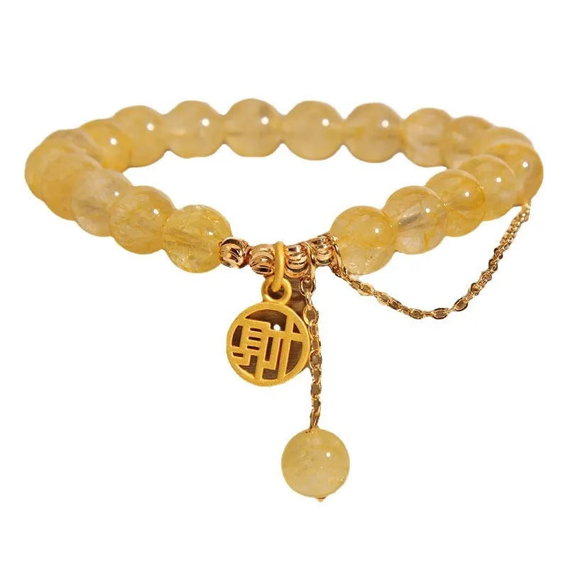 Natural stone citrine bracelet with electroplated metal and Chinese character charm on tassel for women