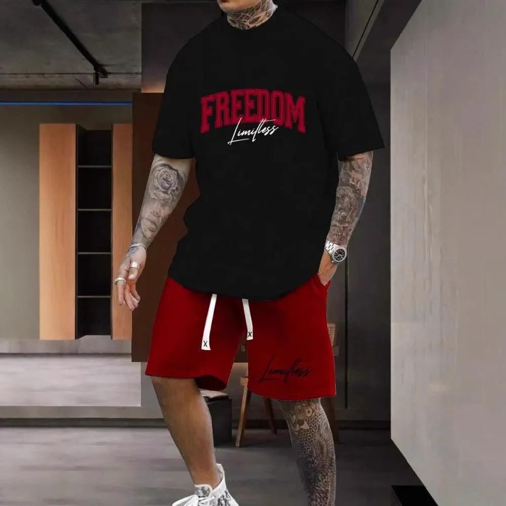 Men's short sleeve top and shorts set with 3D printed letter designs in multiple colour options.
