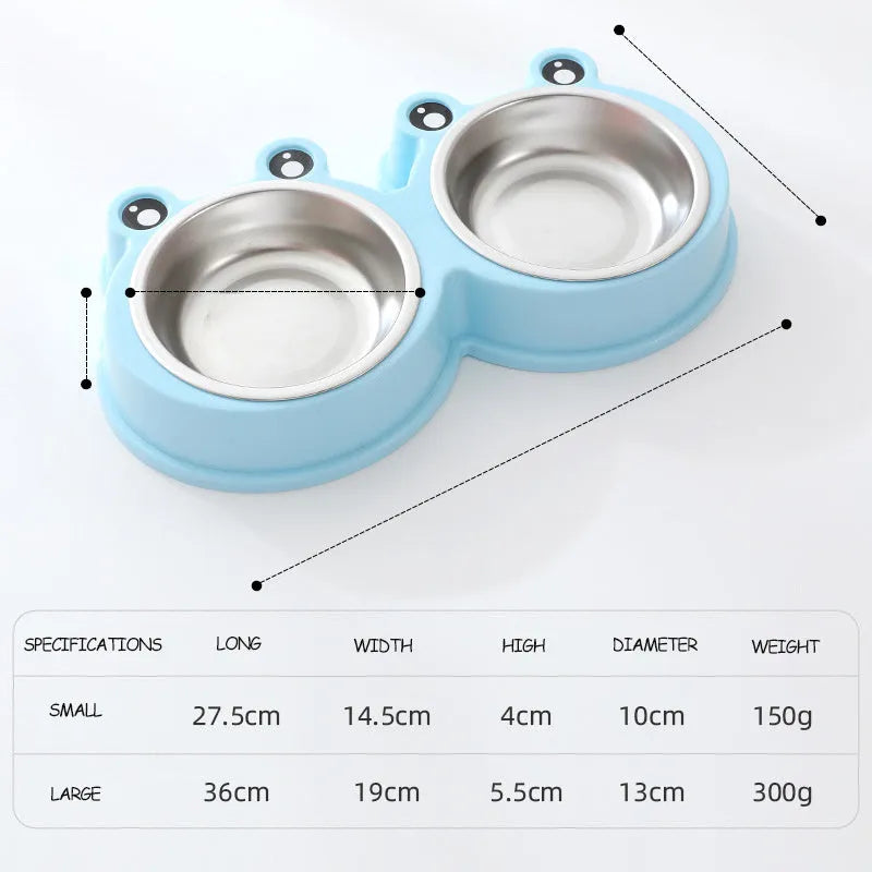Stainless steel pet double bowl with food and water compartments in blue colour