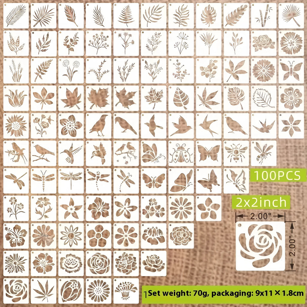 Milky white PET film hollow spray painting stencils showing flower, animal, letter, and ocean designs, each measuring 2 inches