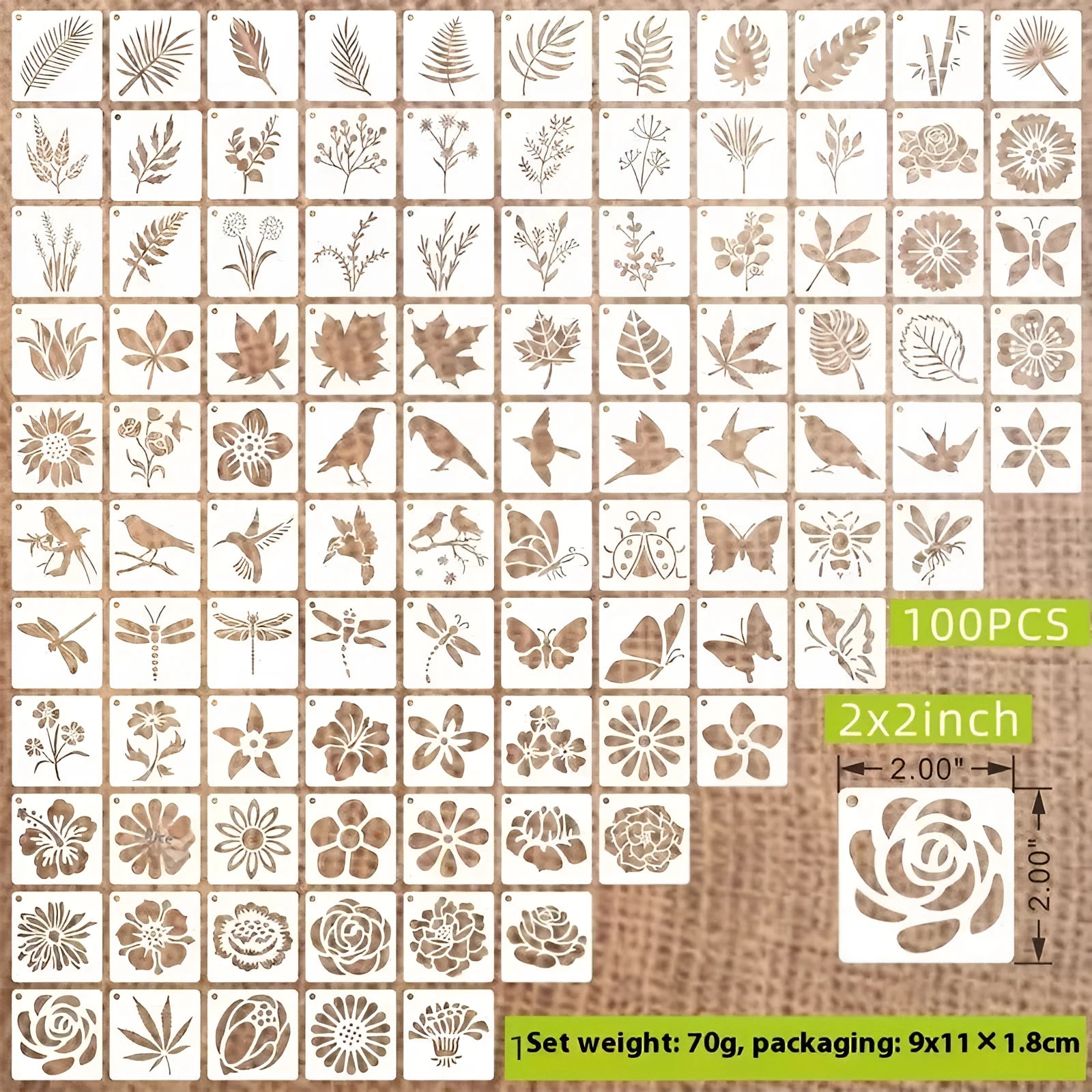 Milky white PET film hollow spray painting stencils showing flower, animal, letter, and ocean designs, each measuring 2 inches