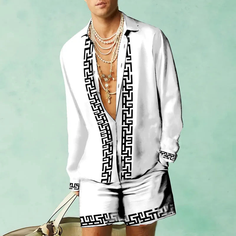 Men's slim fit casual summer outfit with long sleeve shirt and matching shorts on a neutral background.
