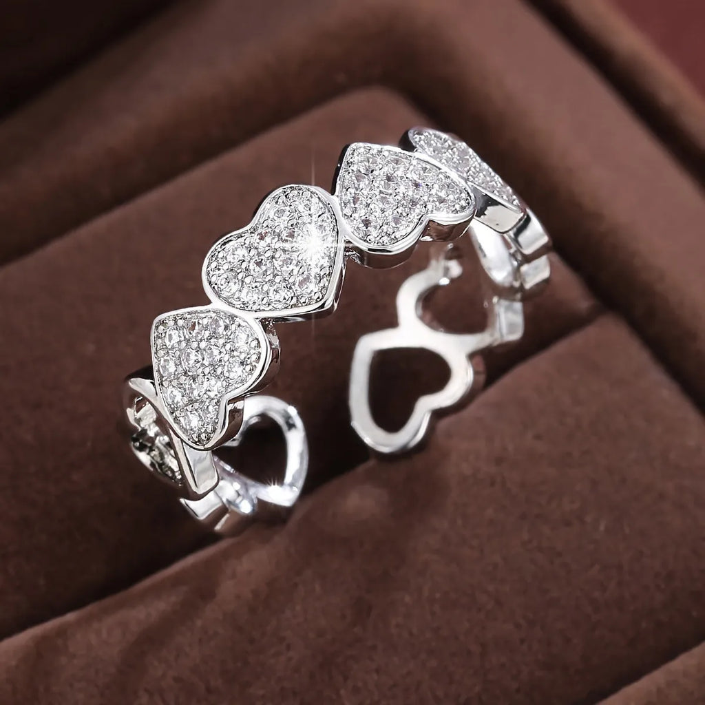 Geometric couples open ring with heart design and adjustable opening in gold or silver finish