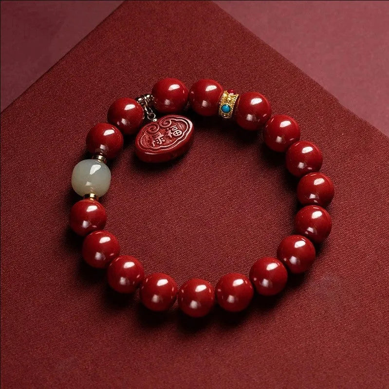 Cinnabar bracelet with emperor sandstone birth year charms in 8mm or 10mm bead sizes