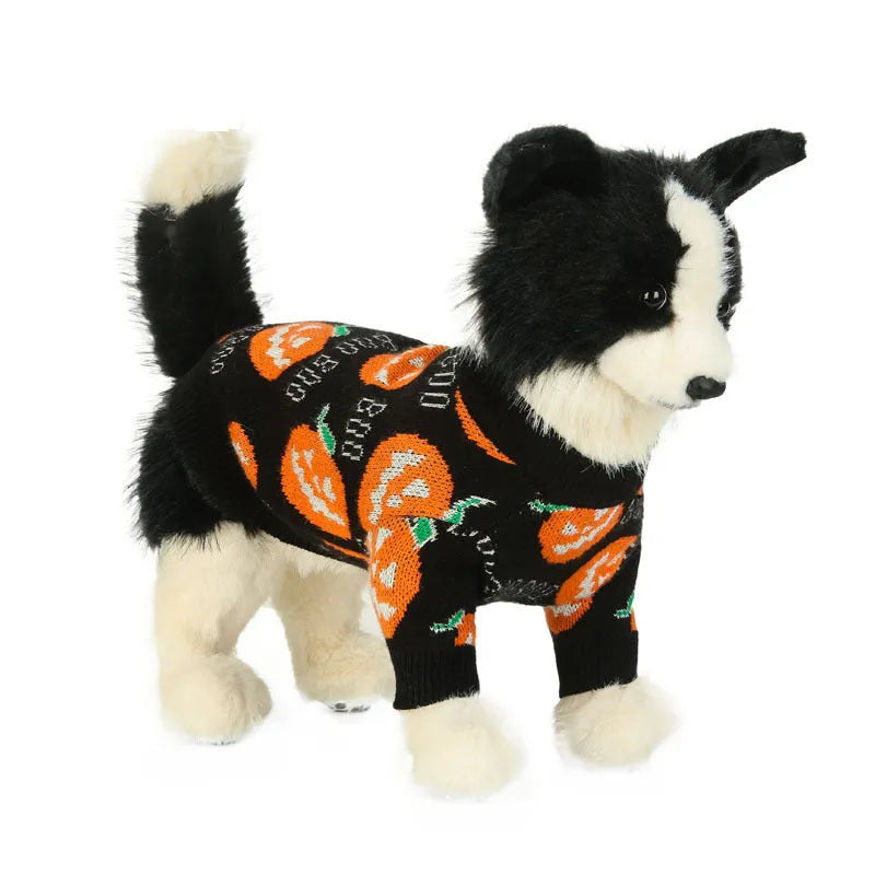 Black polyester dog sweater with orange pumpkin pattern for Halloween, available in multiple sizes