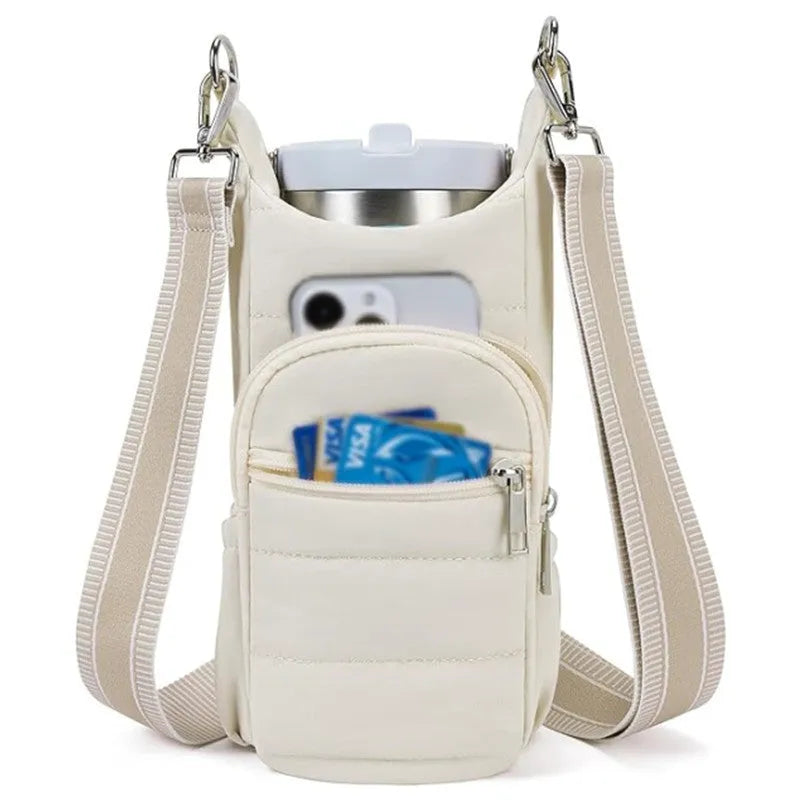 Bicycle water bottle bag in black, pink or beige colours with cloth construction and handlebar mount