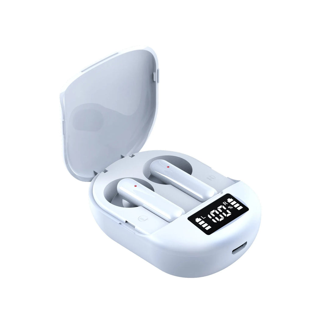 Black and white wireless Bluetooth headset with digital display screen and charging bin