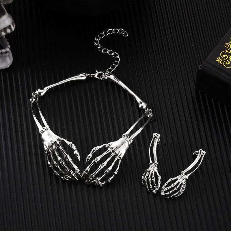 Dark style skull ghost claw necklace earrings set electroplated alloy silver black women