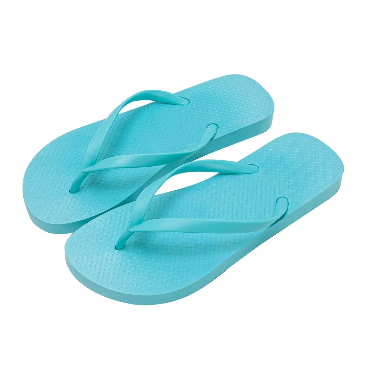 Foldable orange, purple, black, and white plastic beach slippers with non-slip PVC soles.