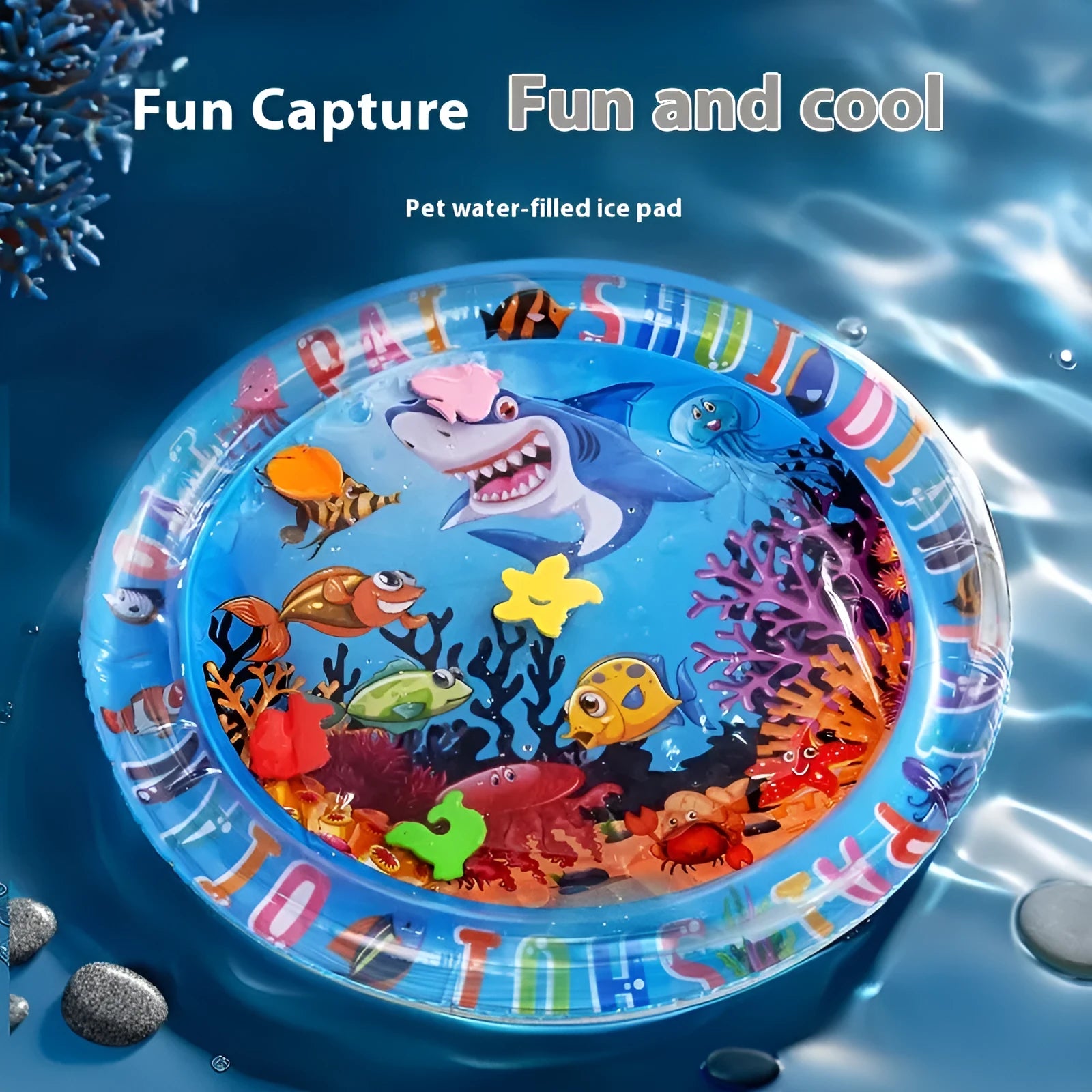 Blue inflatable PVC water mattress for pets with dolphin design, showing cooling gel interior