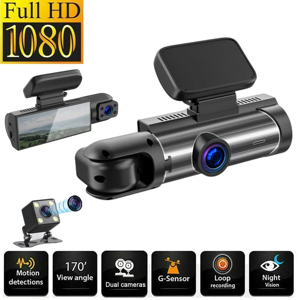 Dual-lens HD 3.5-inch driving recorder with 150-degree wide angle and night vision, displayed on a windscreen