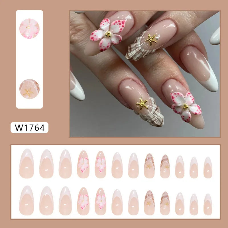 Flower French style fake nails with rock pattern patch in W1764 simple flower colour