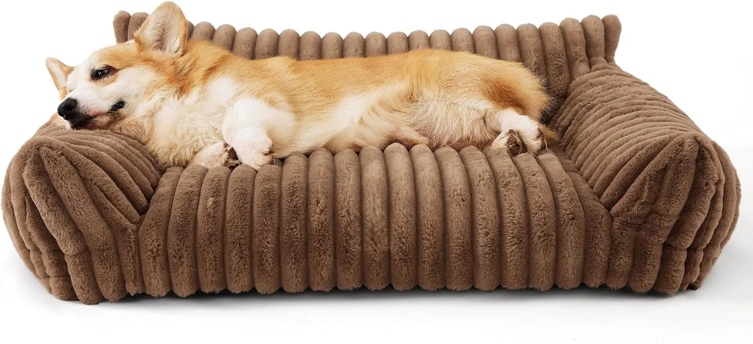 Bedsure fluffy cat couch in beige with corduroy fleece cover and three-sided support design