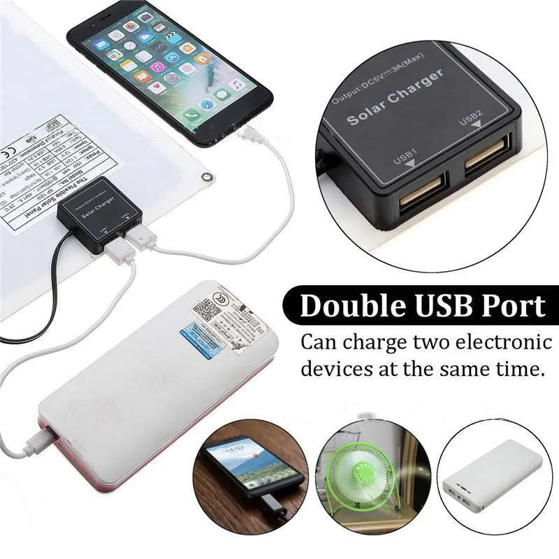 Polysilicon solar panel with dual USB ports for outdoor charging, available in 10W, 15W, 20W and 25W power options.