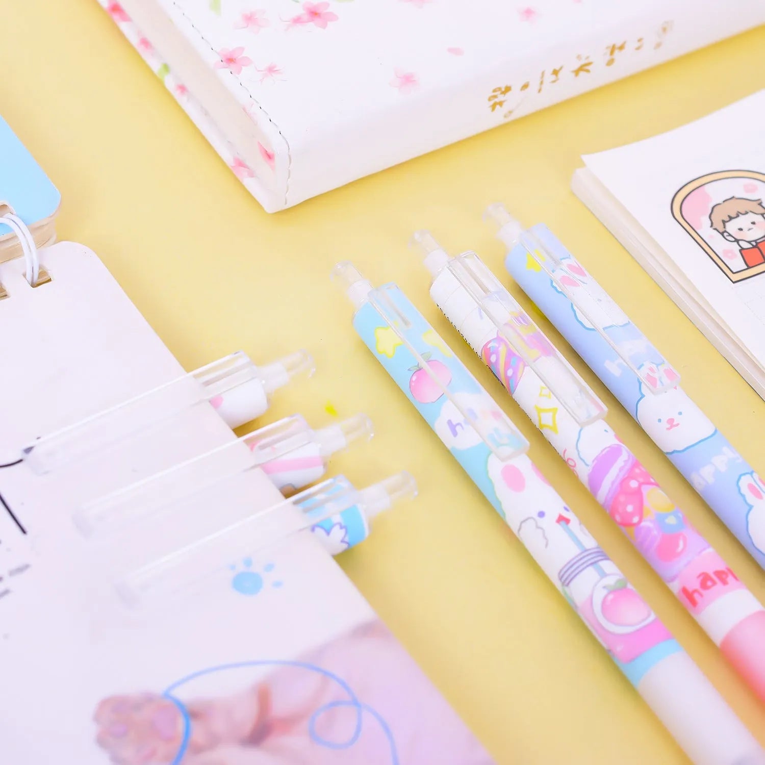 Pack of six black ink pens with cartoon bunny design and 0.5mm fine tips.