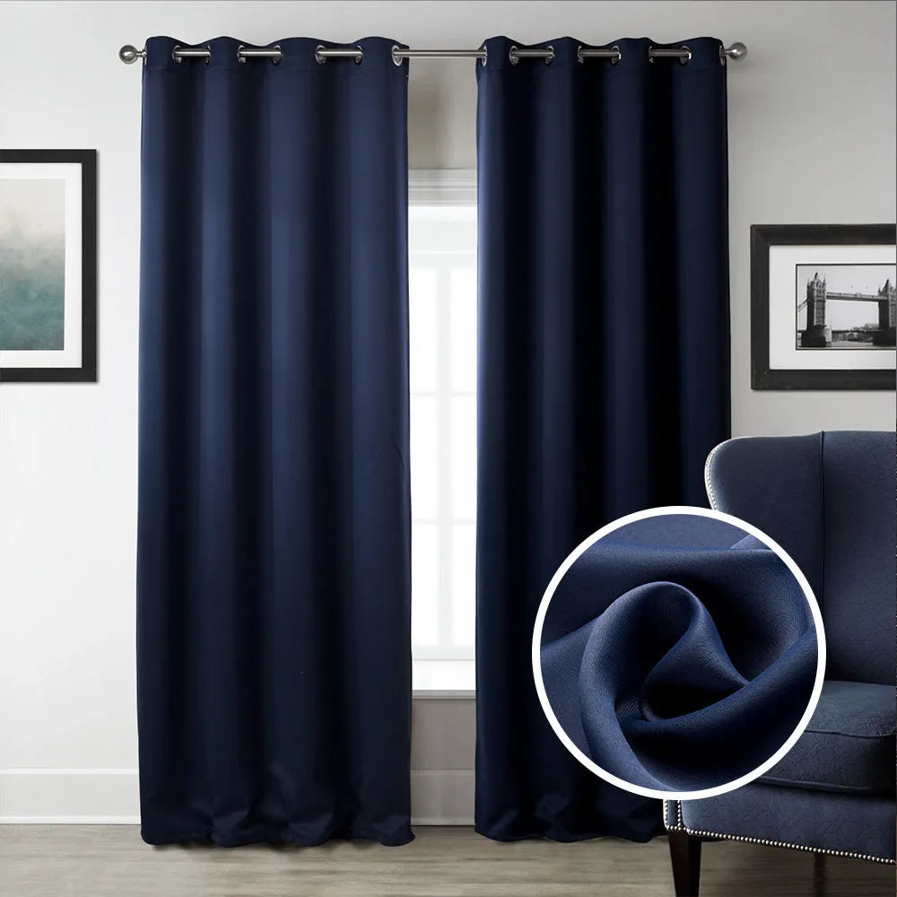 Dark blue blackout fabric printed curtains with perforated hanging, navy blue, shading cloth, modern simple style, 140x160cm