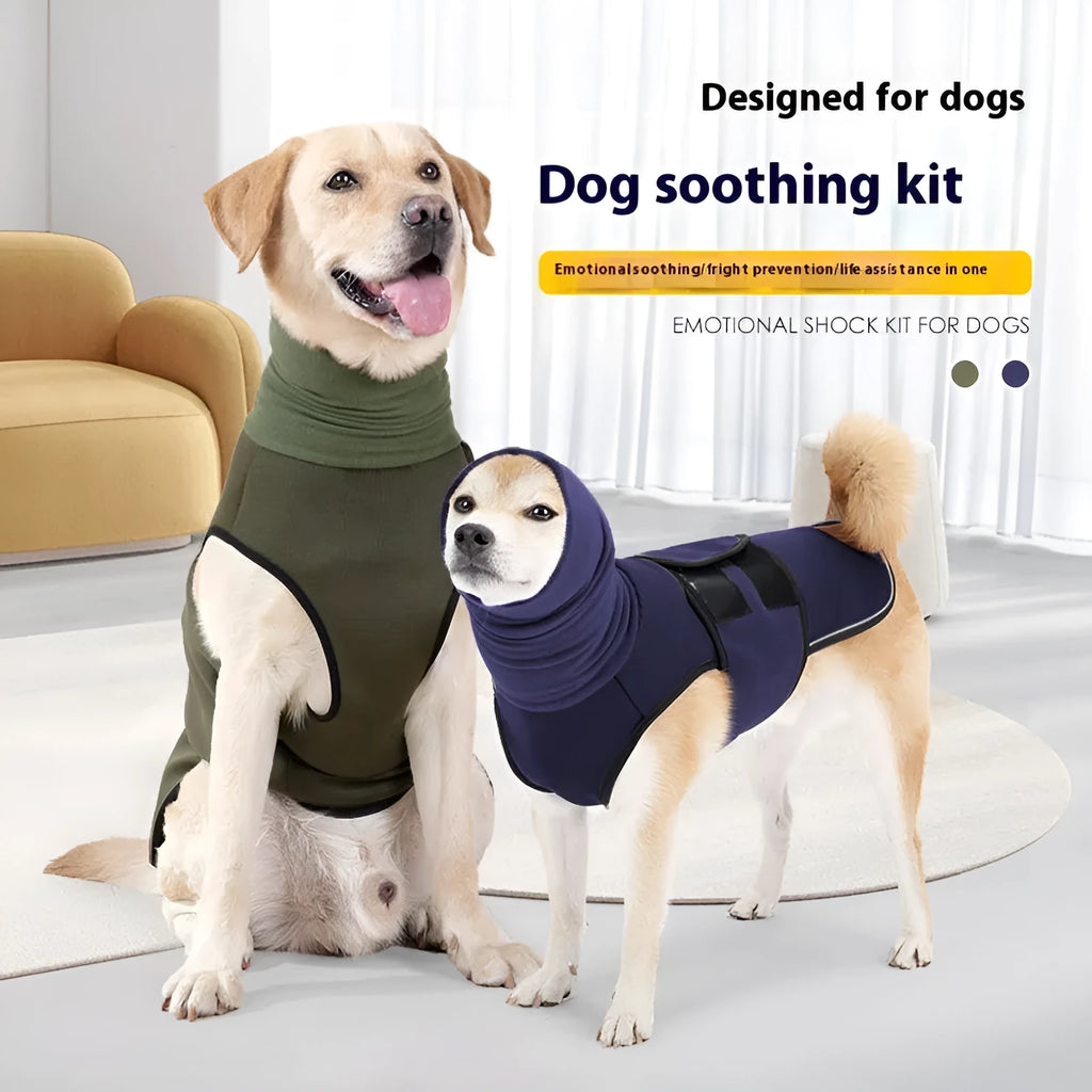 Army green dog anxiety jacket on a medium-sized dog, showing snug fit and vest design.