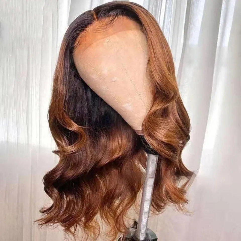 Real human hair Ruili style gradient lace front wig on a model, showing long waves.