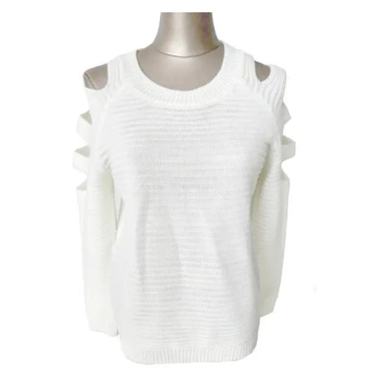 Women's grey crochet knit shirt with hollow-out detail on sleeves and body, round neck, long sleeves