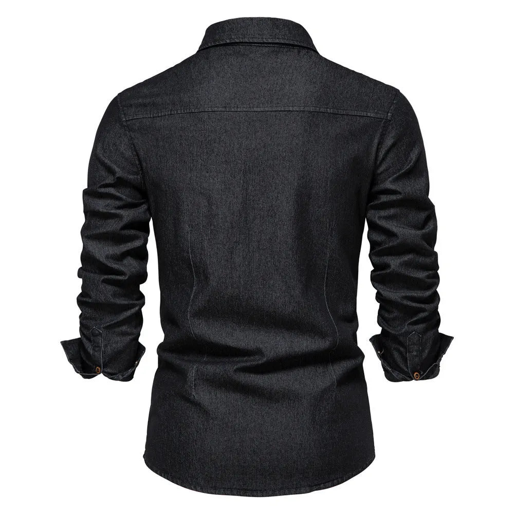 Men's long-sleeved denim shirt in solid colour, slim fit cotton button cardigan top