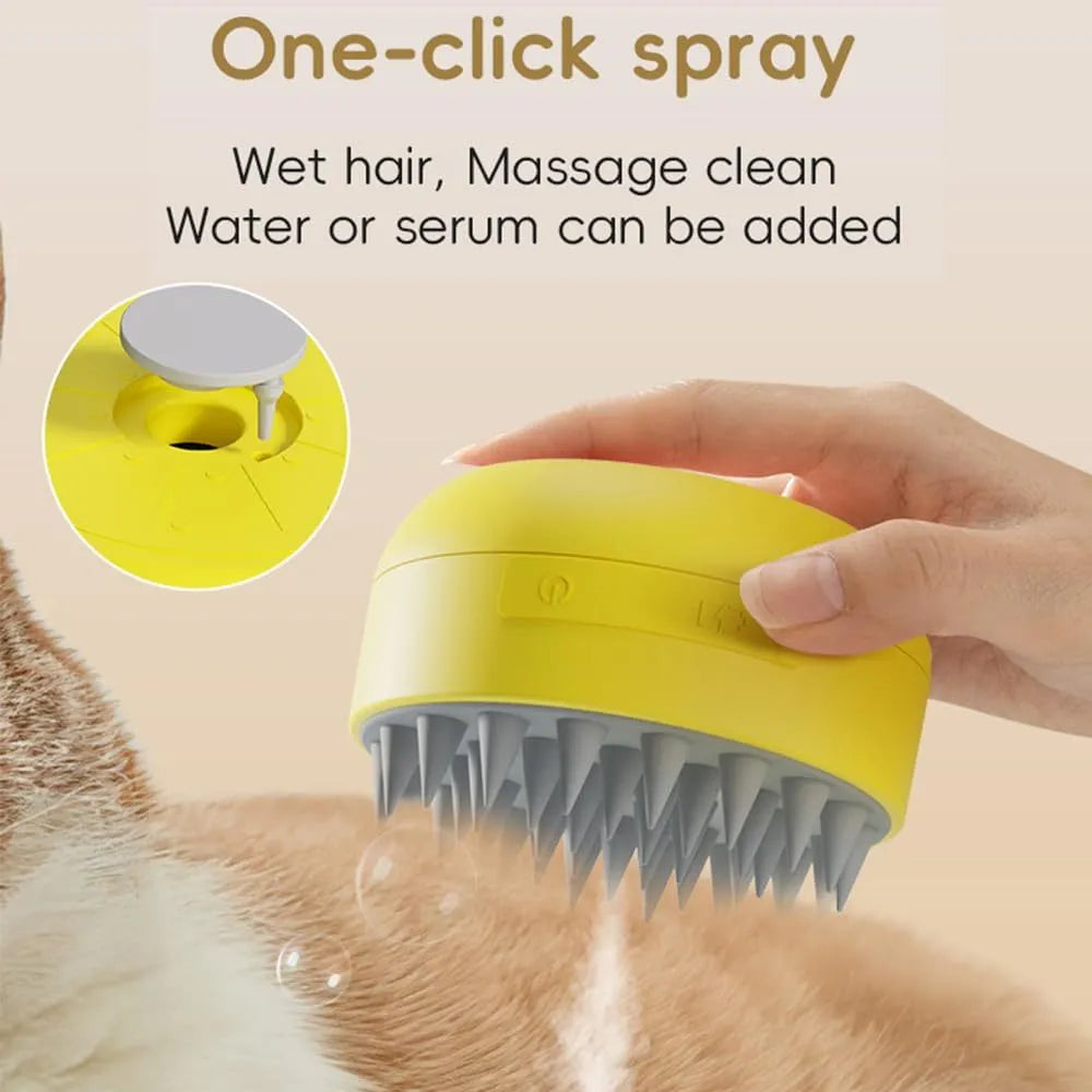 Green rechargeable cat steam brush with soft silicone head on a white background.
