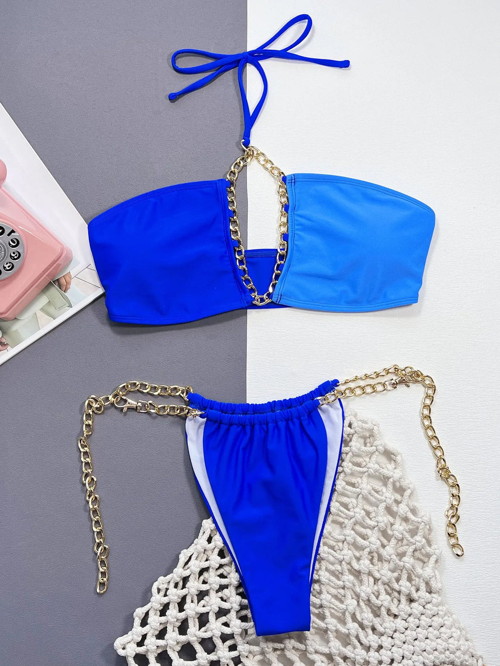 Women's solid blue nylon bikini set two-piece swimsuit front view