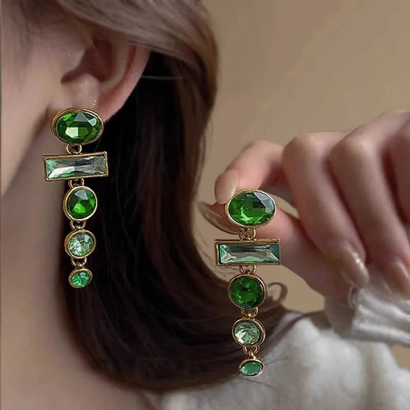 Chinese style geometric alloy earrings with retro green gradient colour and zircon inlaid tassels