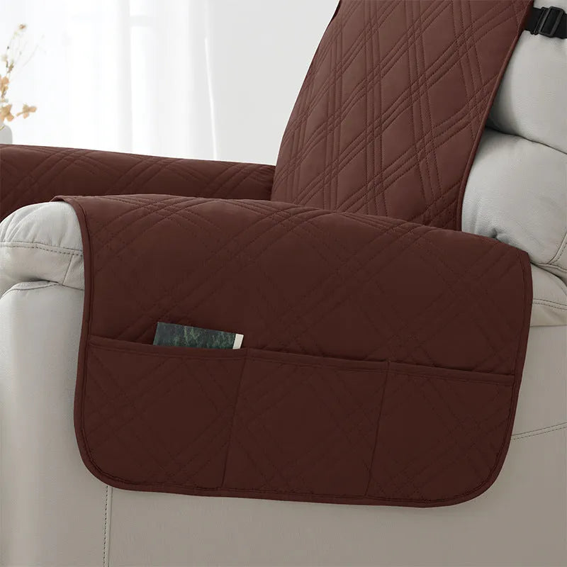 Quilted burgundy sofa cover for a Chivas massage chair cushion on a beige sofa.
