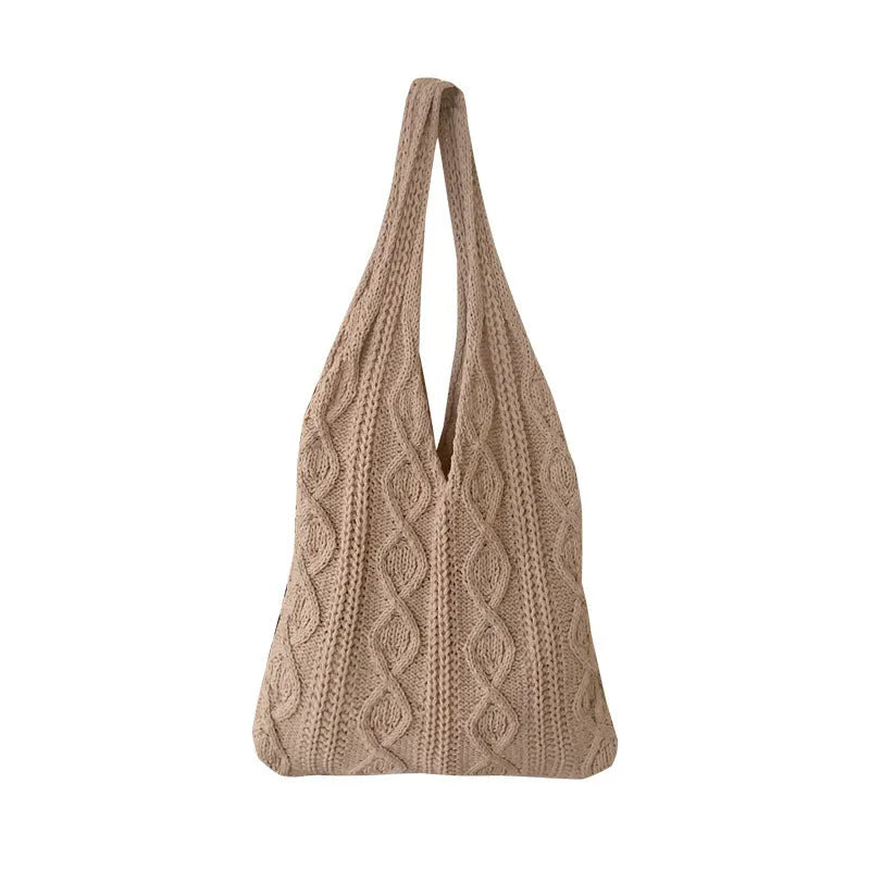 Retro hollow-knitted women's shoulder tote bag in a solid colour with double straps.
