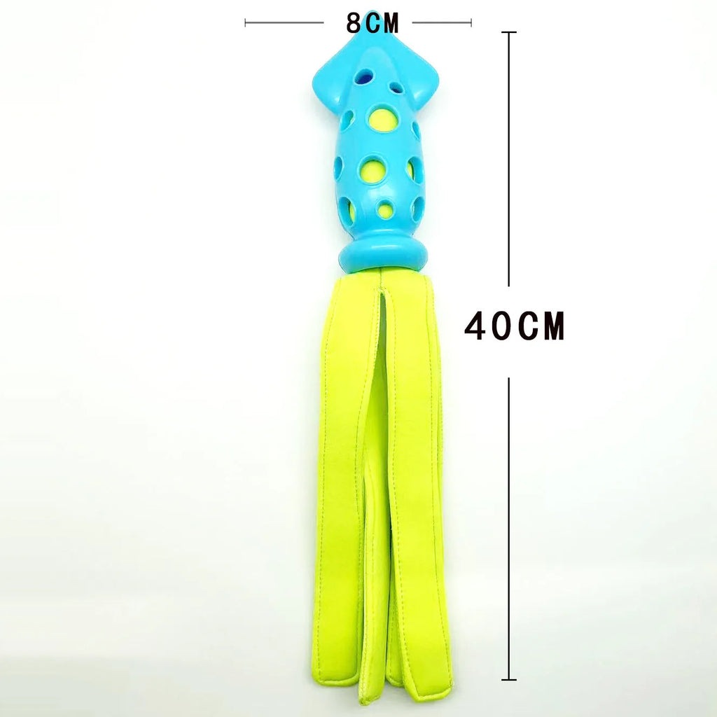 Blue dog chew toy shaped like a cuttlefish with squeaker for teeth cleaning and interactive play