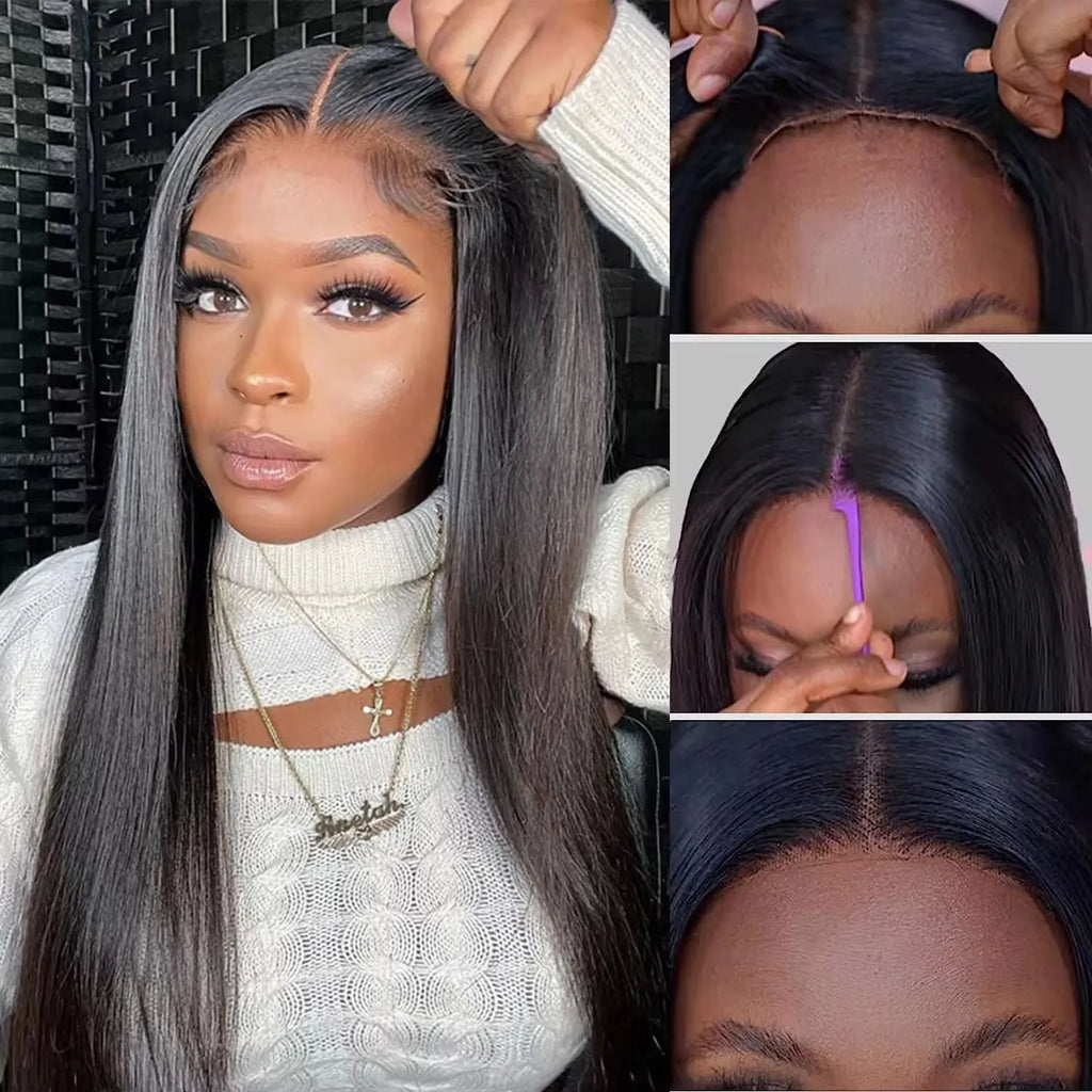 Long straight human hair glueless wig with side bangs, shown in natural style.