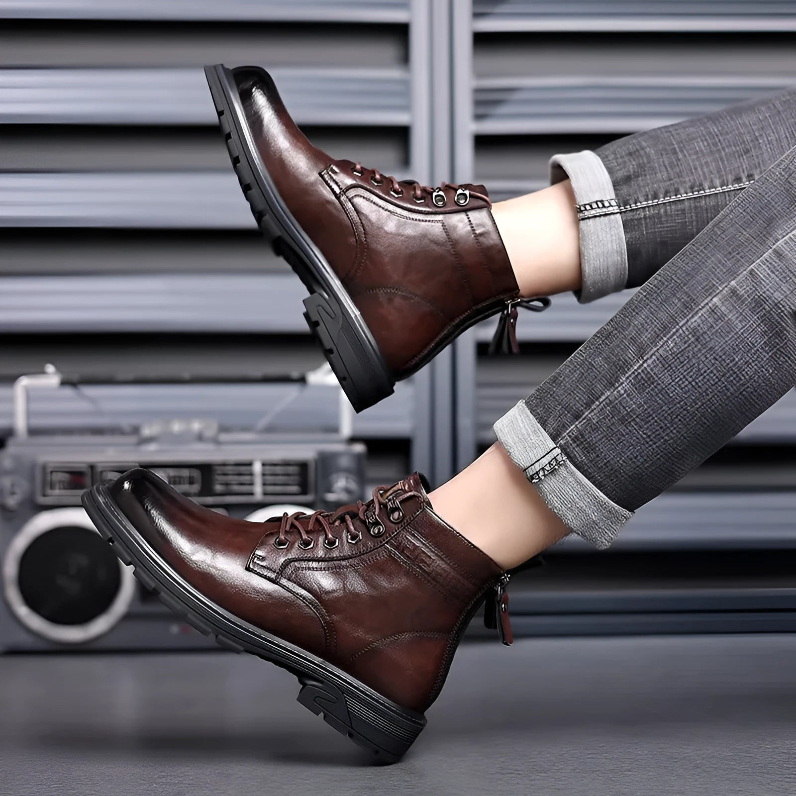 British style all-matching ankle boots in black patent leather with square heel and rubber sole, sizes 38-44