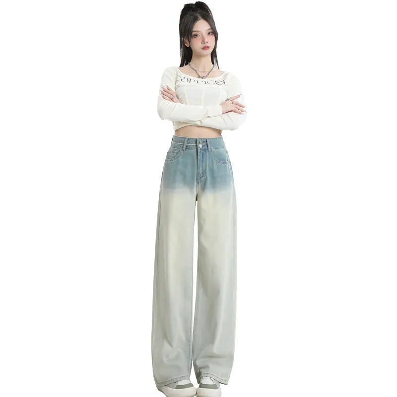 Women's gradient blue straight-leg trousers in denim fabric with wide leg silhouette