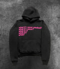 Letter print heavy hooded sweater pullover in heather gray with figure pattern, front view