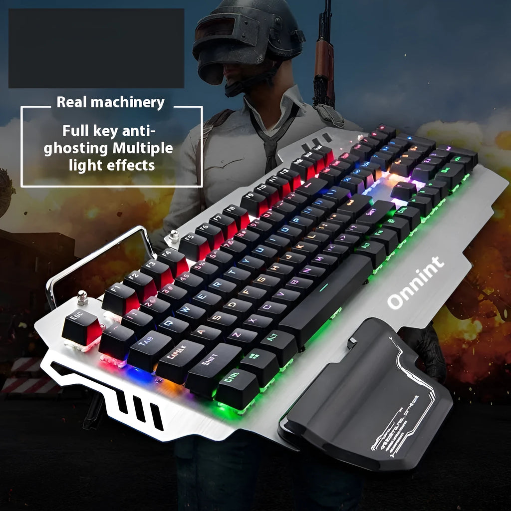 Silver Green Axis wired gaming keyboard with metal panel and wrist splint on desktop